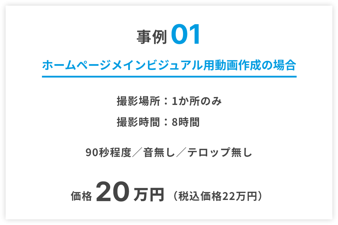 事例1.ホームページメインビジュアル用動画作成の場合 撮影場所:1か所のみ 撮影時間:8時間 90秒程度・音無し・テロップなし 価格20万円(税込価格22万円)