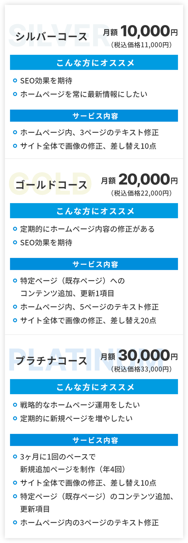 シルバーコース月額10,000円(税込価格11,000円)こんな方にオススメ:SEO効果を期待・ホームページを常に最新情報にしたい。サービス内容:ホームページ内、3ページのテキスト修正・サイト全体で画像の修正、差し替え10点。ゴールドコース月額20,000円(税込価格22,000円)こんな方にオススメ:定期的にホームページ内容の修正がある・SEO効果を期待。サービス内容:特定ページ(既存ページ)へのコンテンツ追加、更新1項目・ホームページ内、5ページのテキスト修正・サイト全体で画像の修正、差し替え20点。