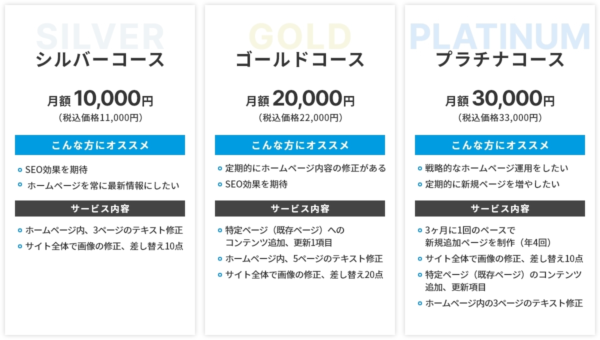 シルバーコース月額10,000円(税込価格11,000円)こんな方にオススメ:SEO効果を期待・ホームページを常に最新情報にしたい。サービス内容:ホームページ内、3ページのテキスト修正・サイト全体で画像の修正、差し替え10点。ゴールドコース月額20,000円(税込価格22,000円)こんな方にオススメ:定期的にホームページ内容の修正がある・SEO効果を期待。サービス内容:特定ページ(既存ページ)へのコンテンツ追加、更新1項目・ホームページ内、5ページのテキスト修正・サイト全体で画像の修正、差し替え20点。
